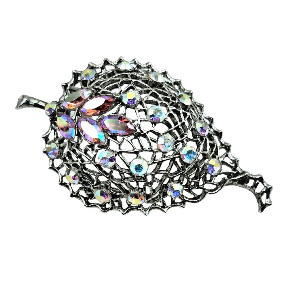 Vintage Rhinestone Leaf Brooch Domed Pin Pink Aurora Borealis Costume Jewelry